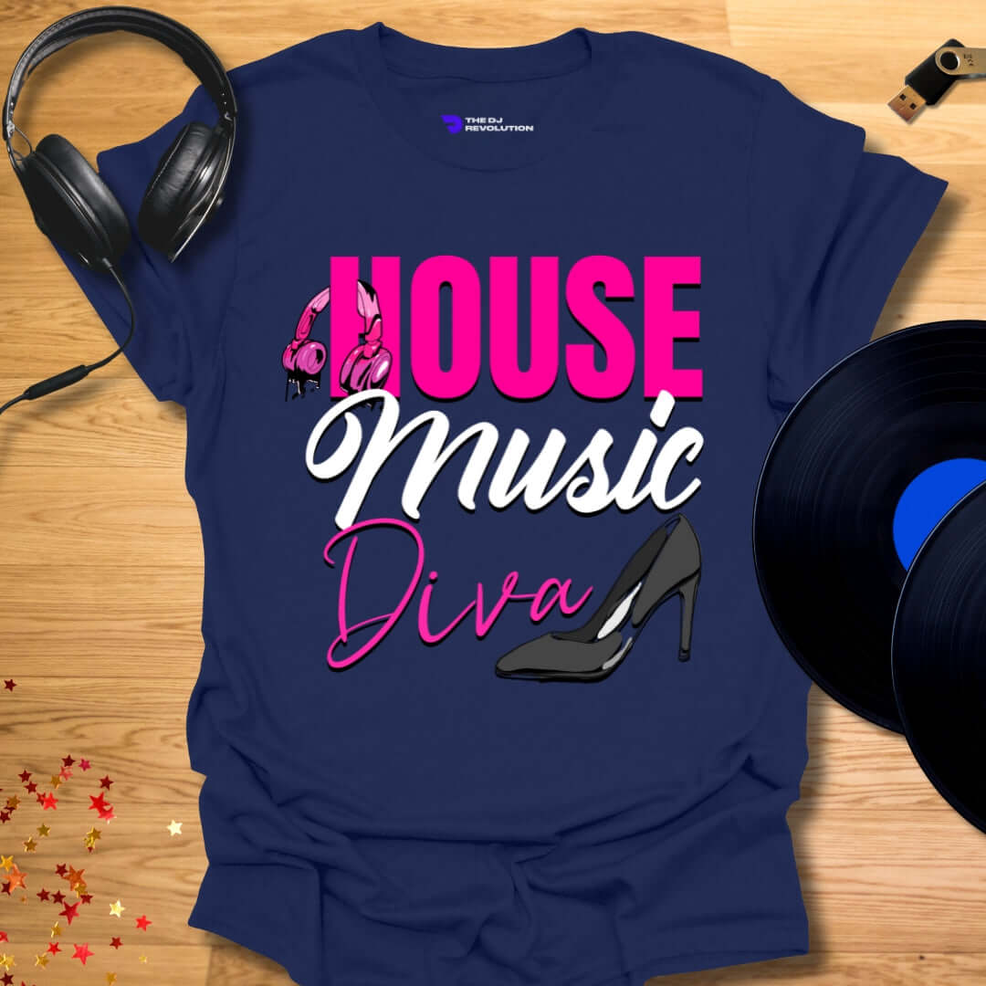 Unisex house music T-shirt, 'House Music Diva' design in navy, front view