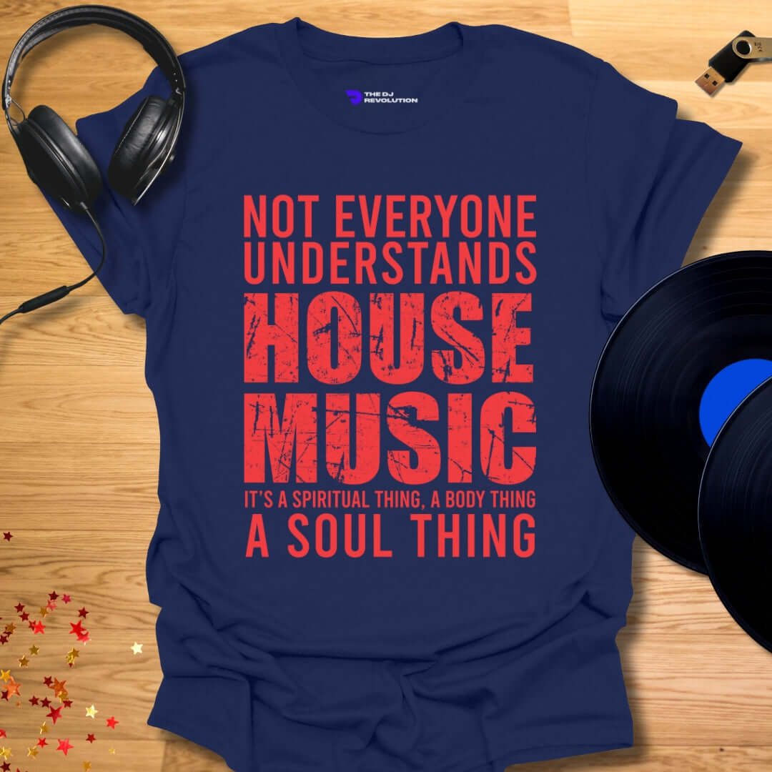 Unisex house music T-shirt, 'House Music Lover' design in navy, front view