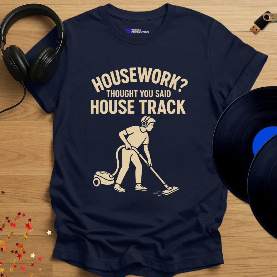 Housework house music T-shirt in navy, front view