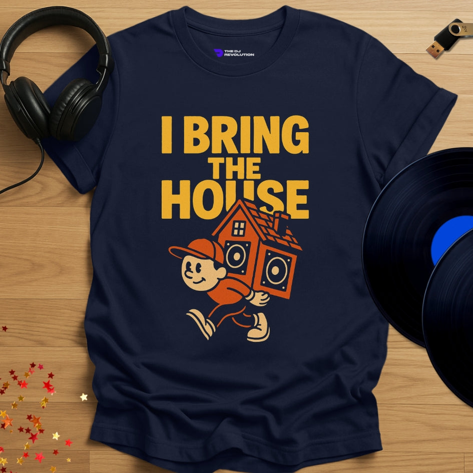 ‘I Bring the House’ house music T-shirt in navy, front view