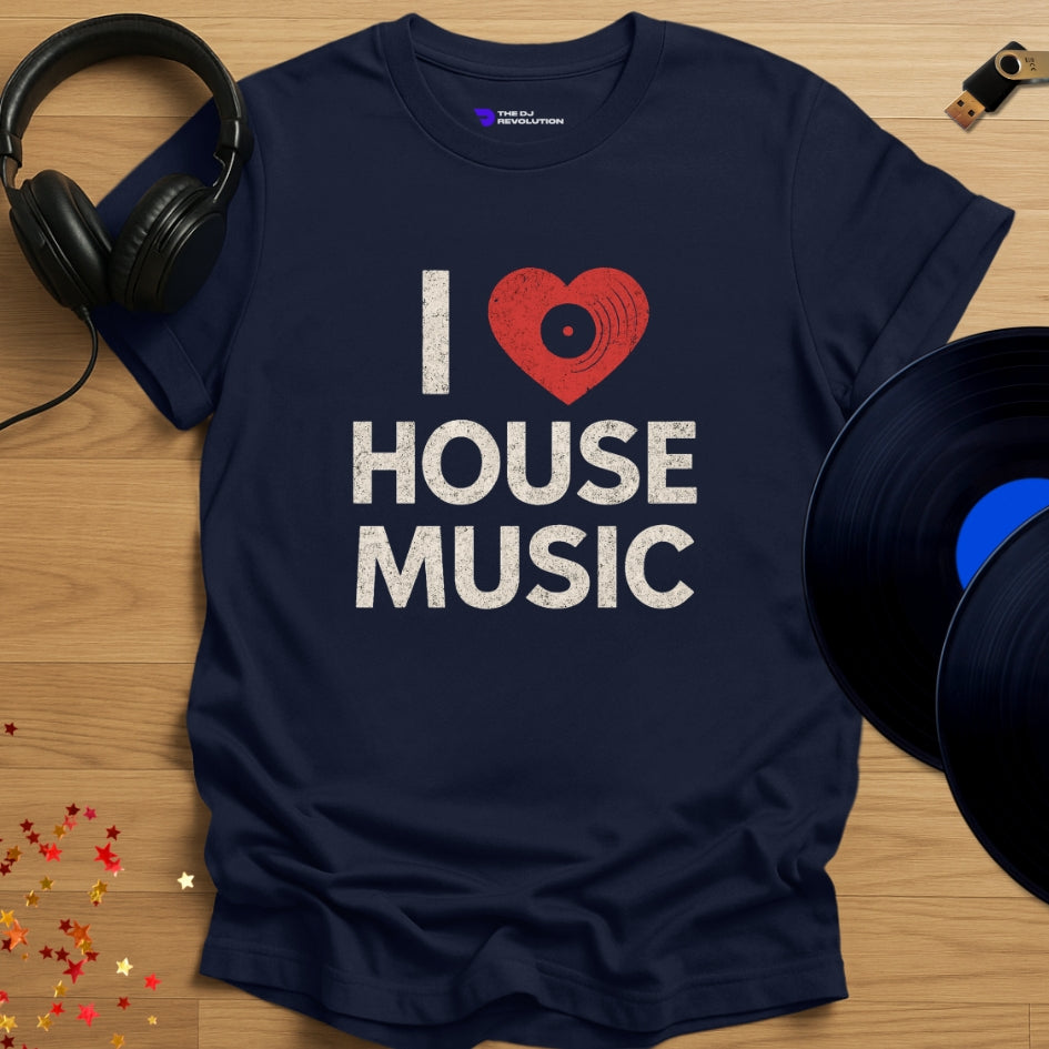 I Love House Music T-shirt in navy, front view