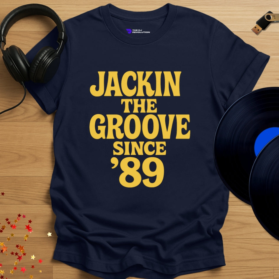 Jackin The Groove house music T-shirt in navy, front view