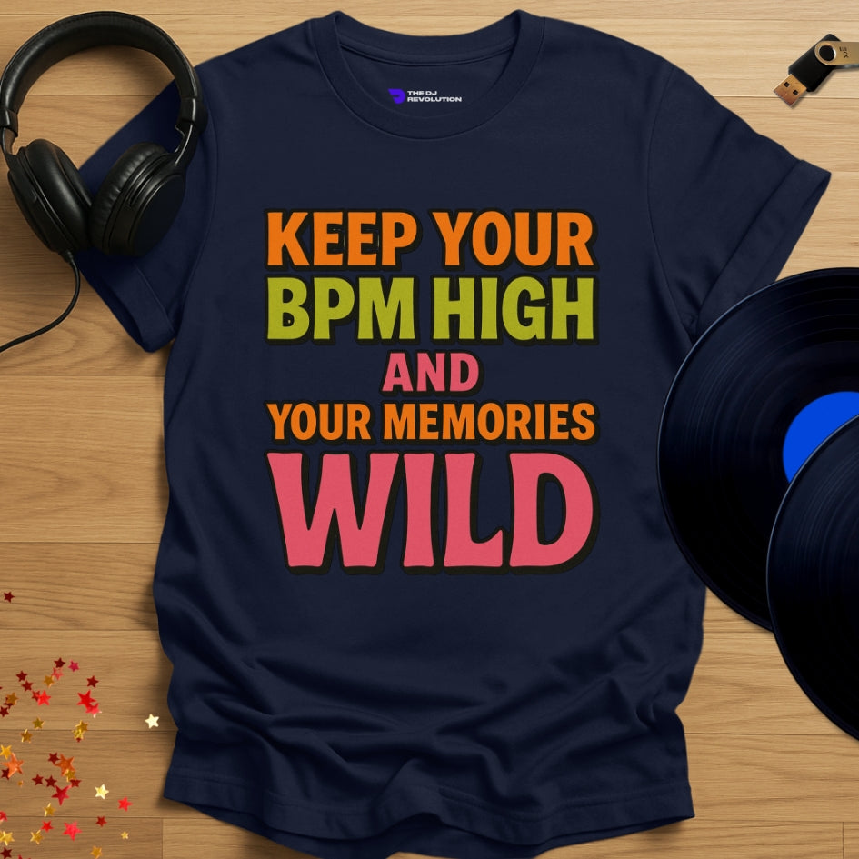 Keep Your BPM High house music T-shirt in navy, front view
