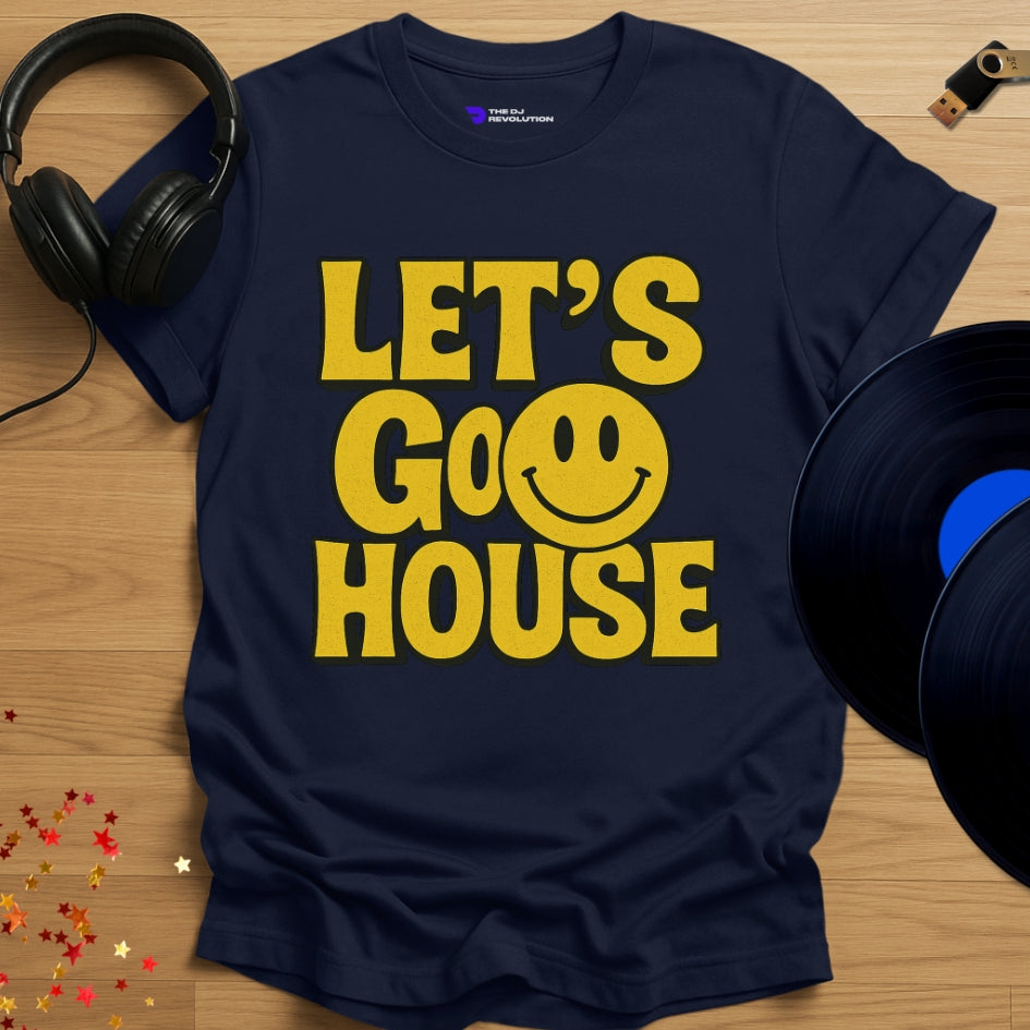Let’s Go House’ house music T-shirt in navy, front view