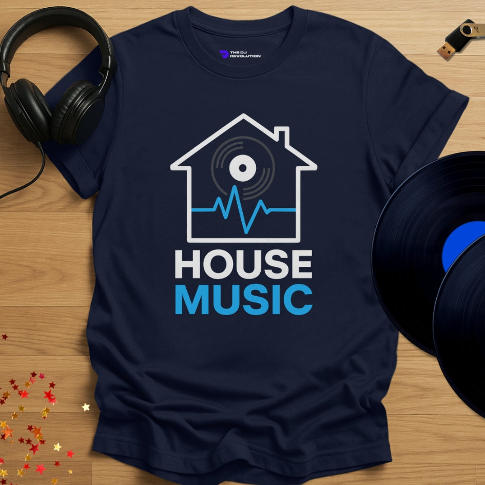 Living With House Music T-shirt in navy, front view