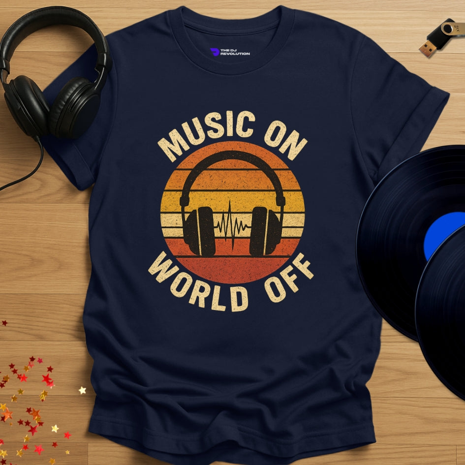 'Music On World Off' T-shirt in navy, front view