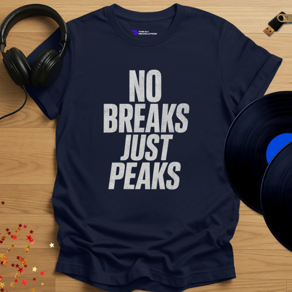 No Breaks Just Peaks Techno T-shirt in navy, front view