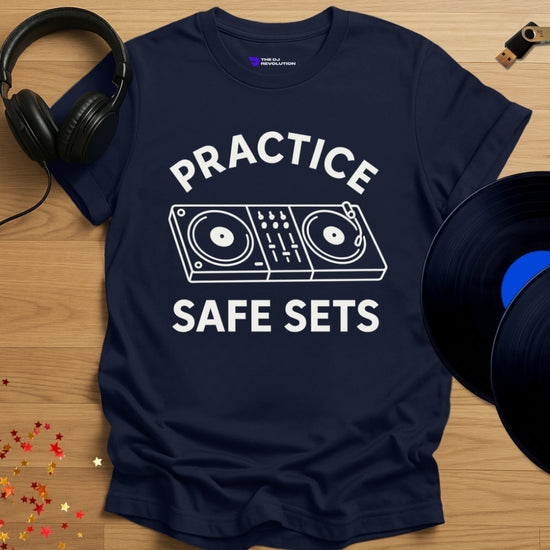 'Practice Safe Sets', funny DJ T-shirt in navy, front view