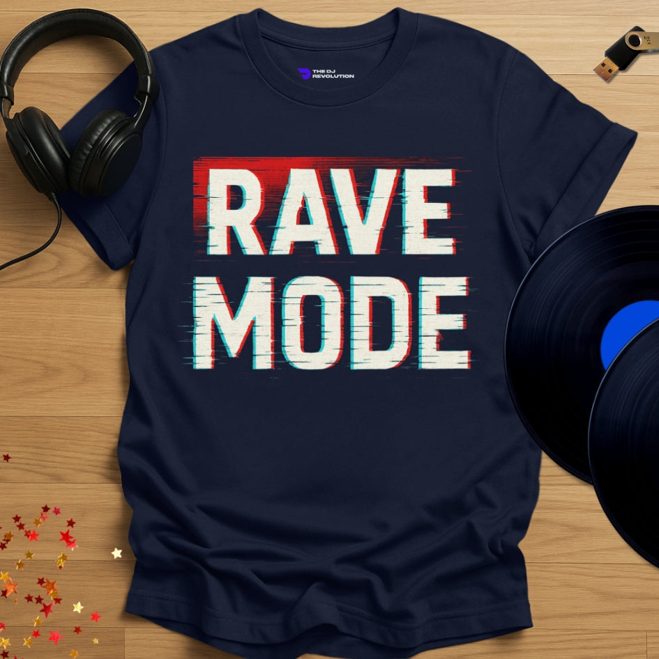 'Rave Mode', rave DJ T-shirt in navy, front view