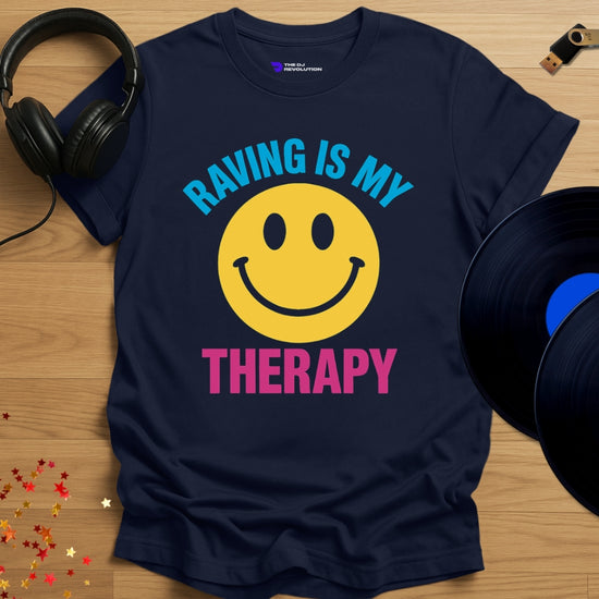 'Raving Is My Therapy', rave T-shirt in navy, front view