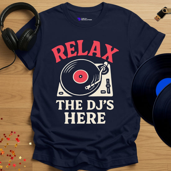 'Relax the DJs Here', funny DJ T-shirt in navy, front view