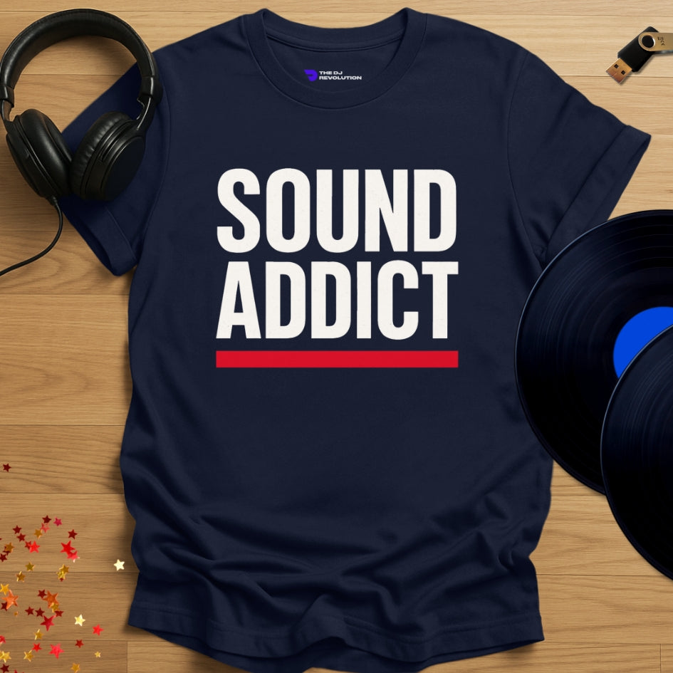 'Sound Addict', music lover DJ T-shirt in navy, front view