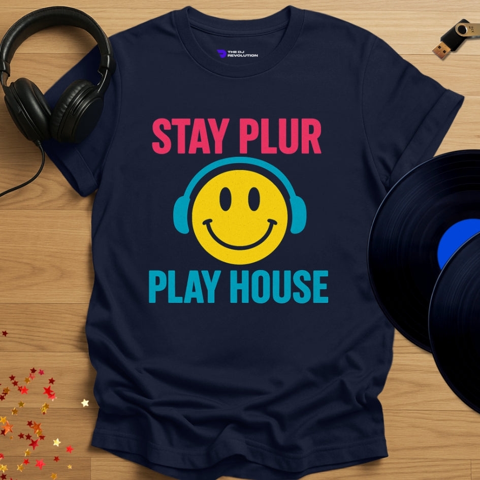 Stay PLUR house music T-shirt in navy, front view