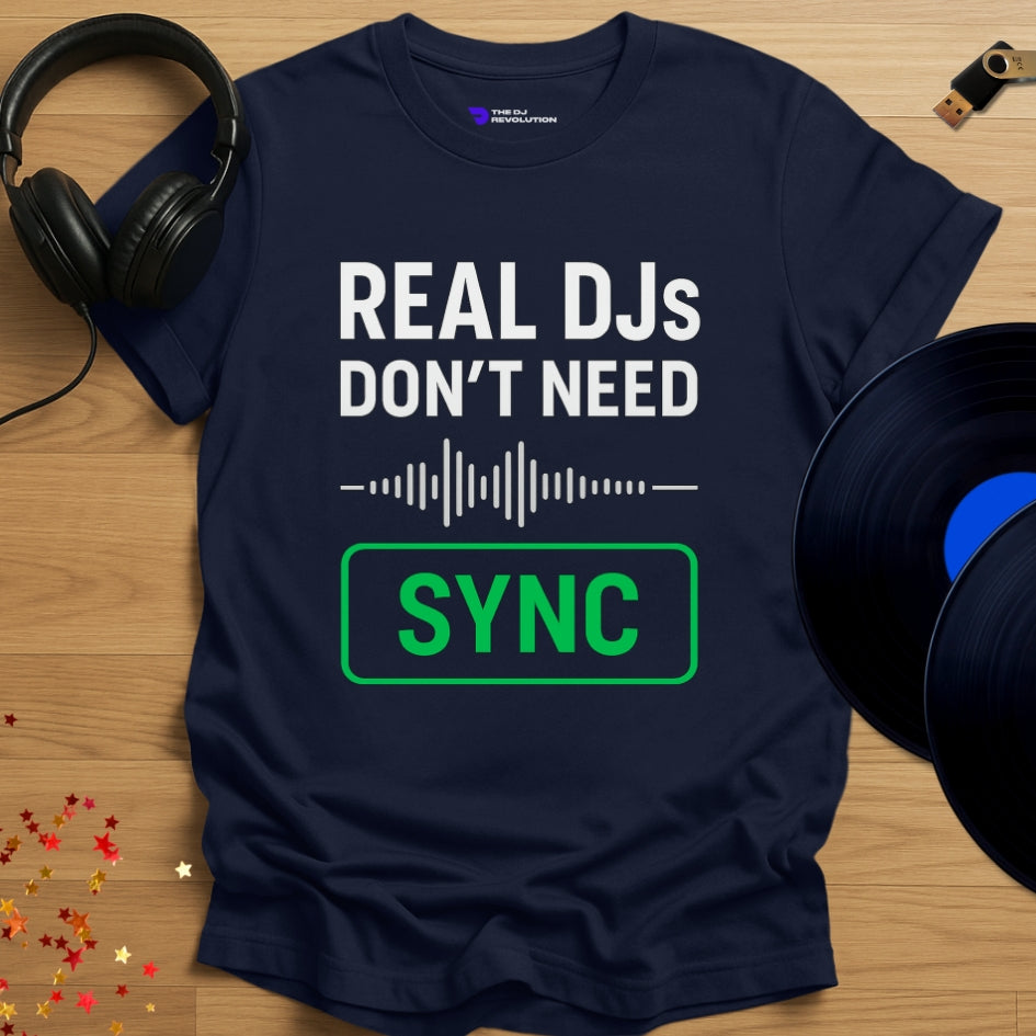 Sync button DJ T-shirt, 'Sync Button Tee' design in navy, front view