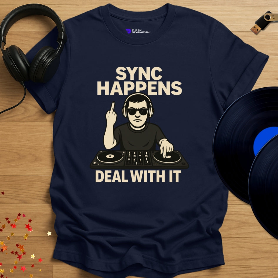 'Sync Happens' funny DJ T-shirt design in navy, front view