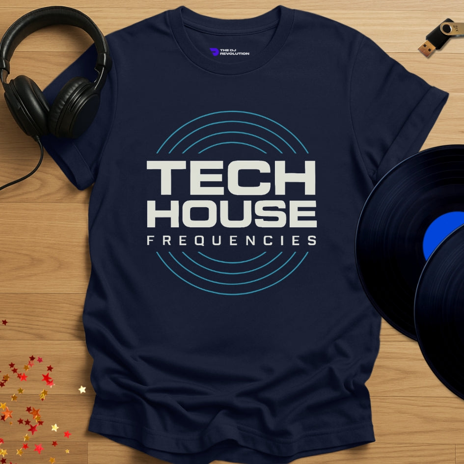 Tech House Frequencies house music T-shirt in navy, front view