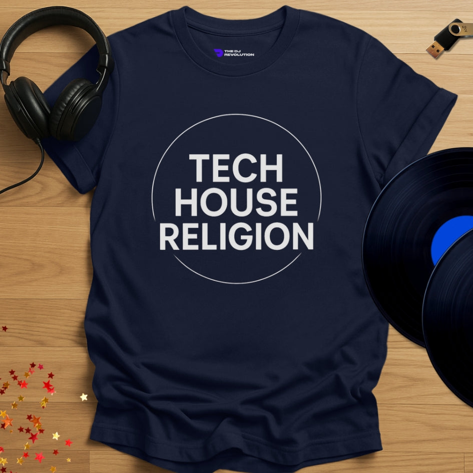 Tech House Religion house music T-shirt in navy, front view