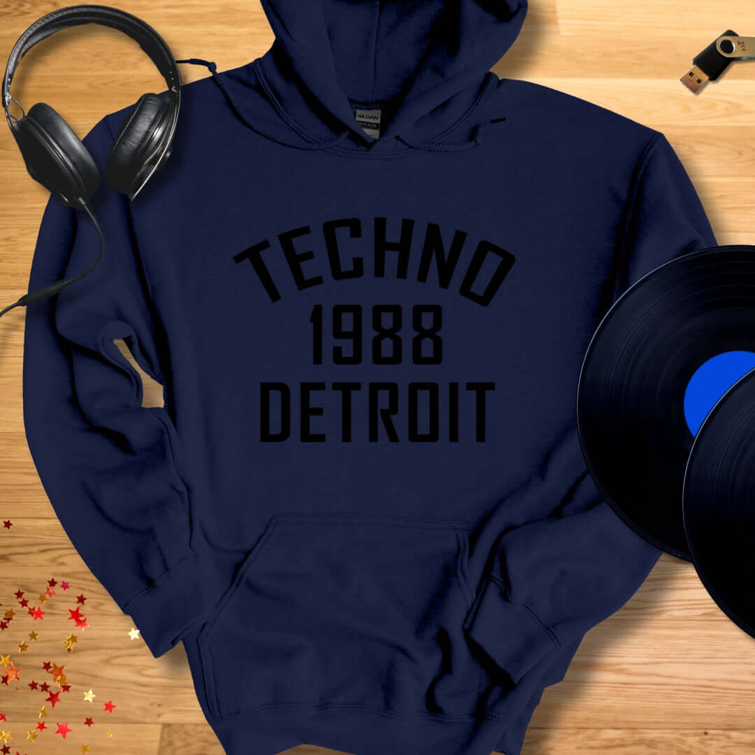 Unisex DJ Hoodie 'Detroit Techno 1988' design in navy, front view