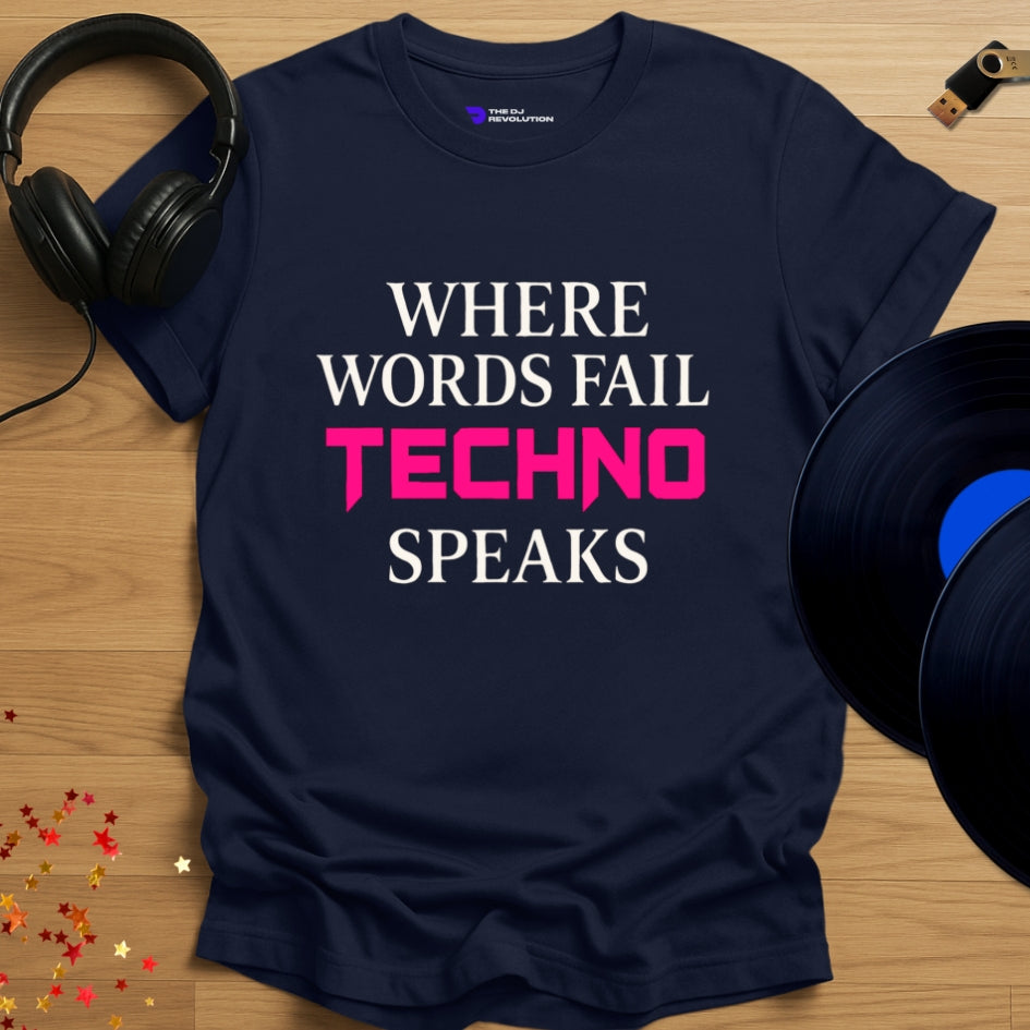Techno Speaks T-shirt in navy, front view