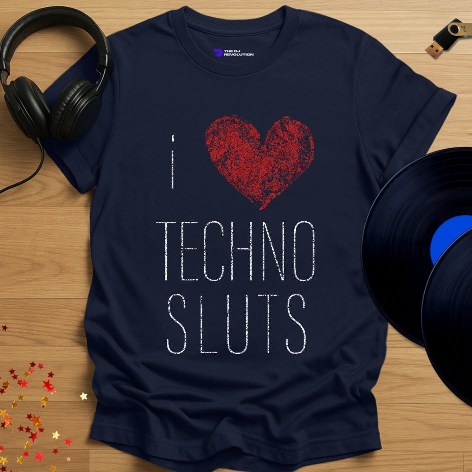 techno T-shirt, 'I Love Techno Sluts' design in navy, front view