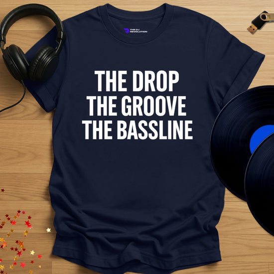 The Bassline house music T-shirt in navy, front view