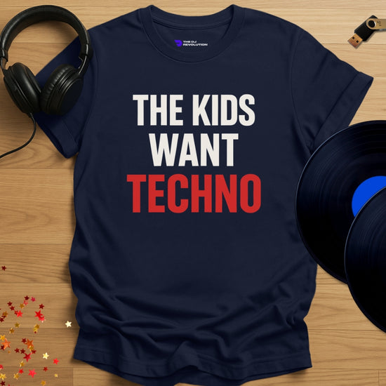 The Kids Want Techno T-shirt in navy, front view