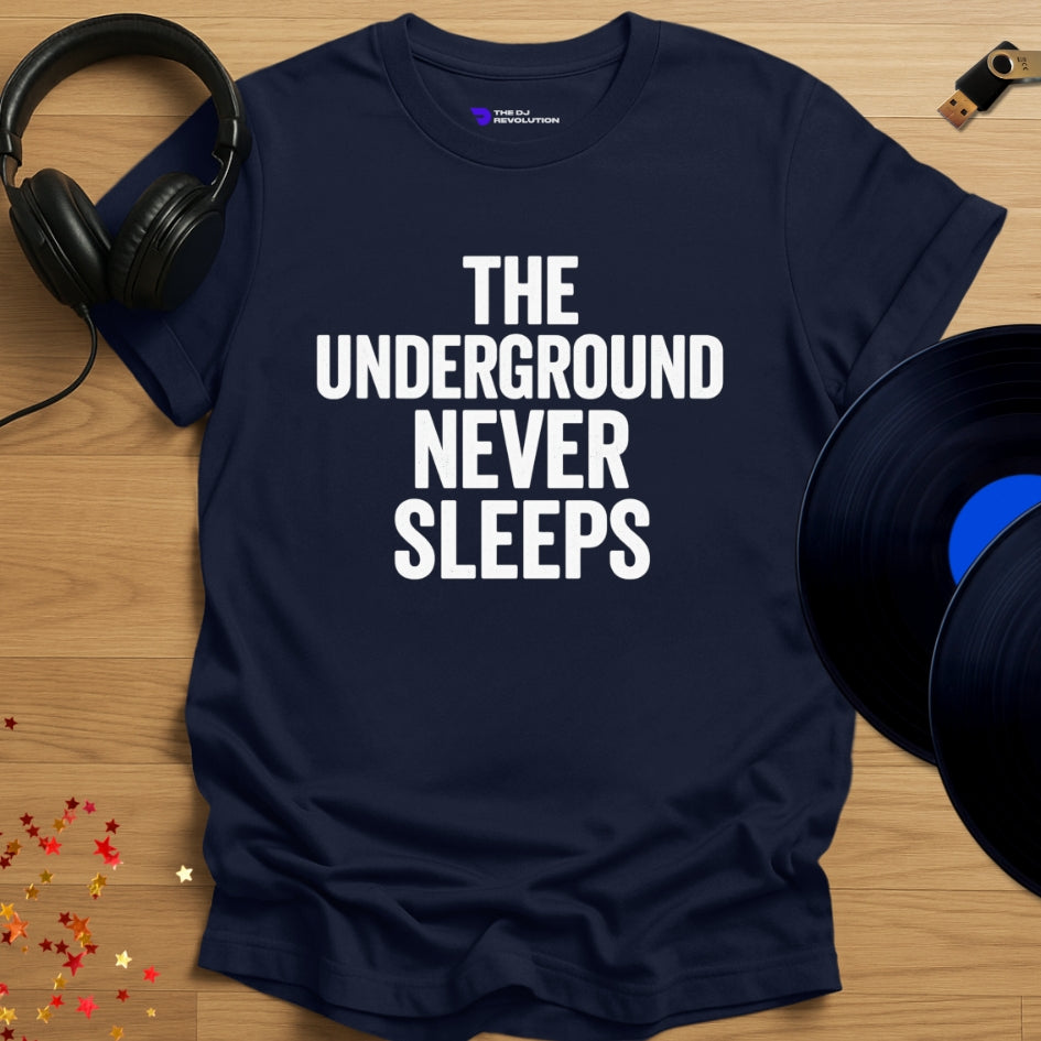 The Underground Never Sleeps Techno T-shirt in navy, front view