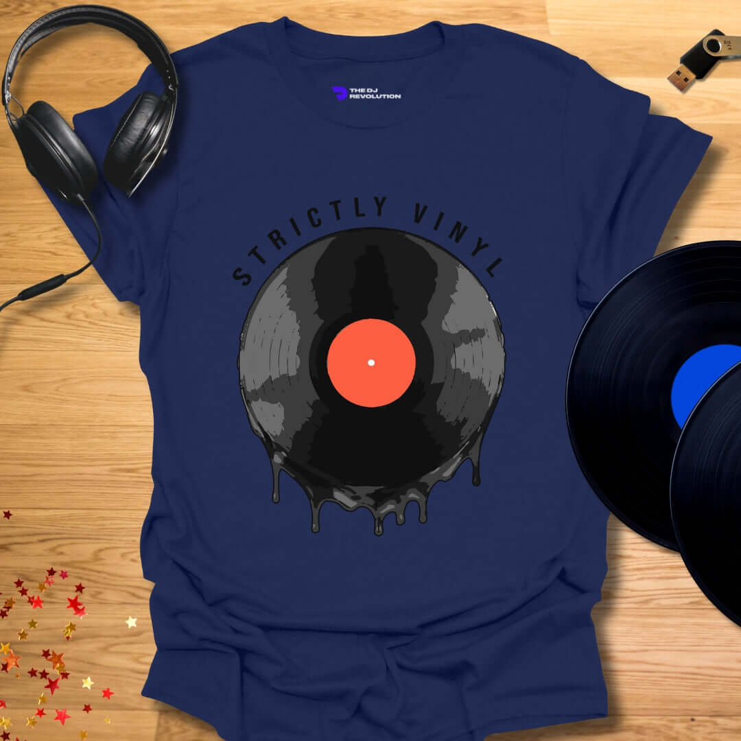 Vinyl enthusiast DJ T-shirt, 'Strictly Vinyl' design in navy, front view