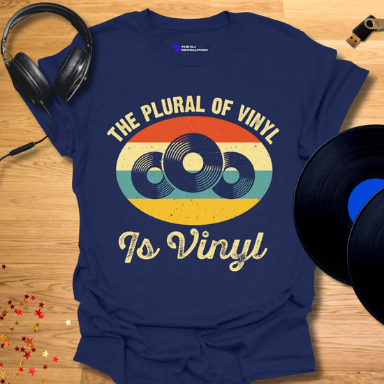 Vinyl enthusiast DJ T-shirt, 'The Plural of Vinyl' design in navy, front view