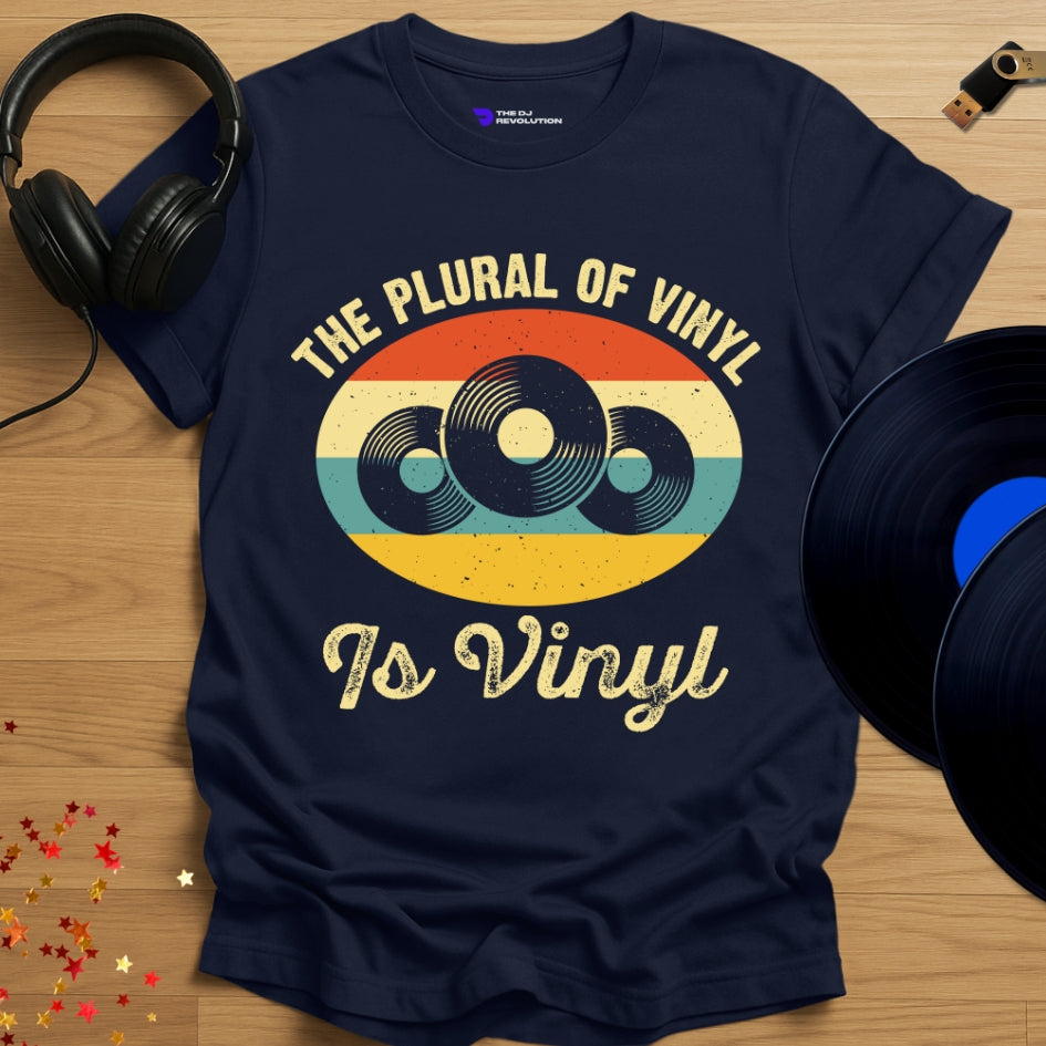 Vinyl enthusiast DJ T-shirt, 'The Plural of Vinyl' design in navy, front view