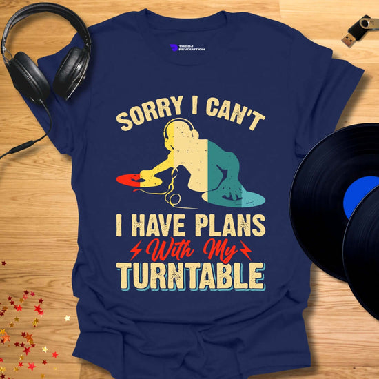 Turntable enthusiast DJ T-shirt, 'Turntable Plans' design in navy, front view