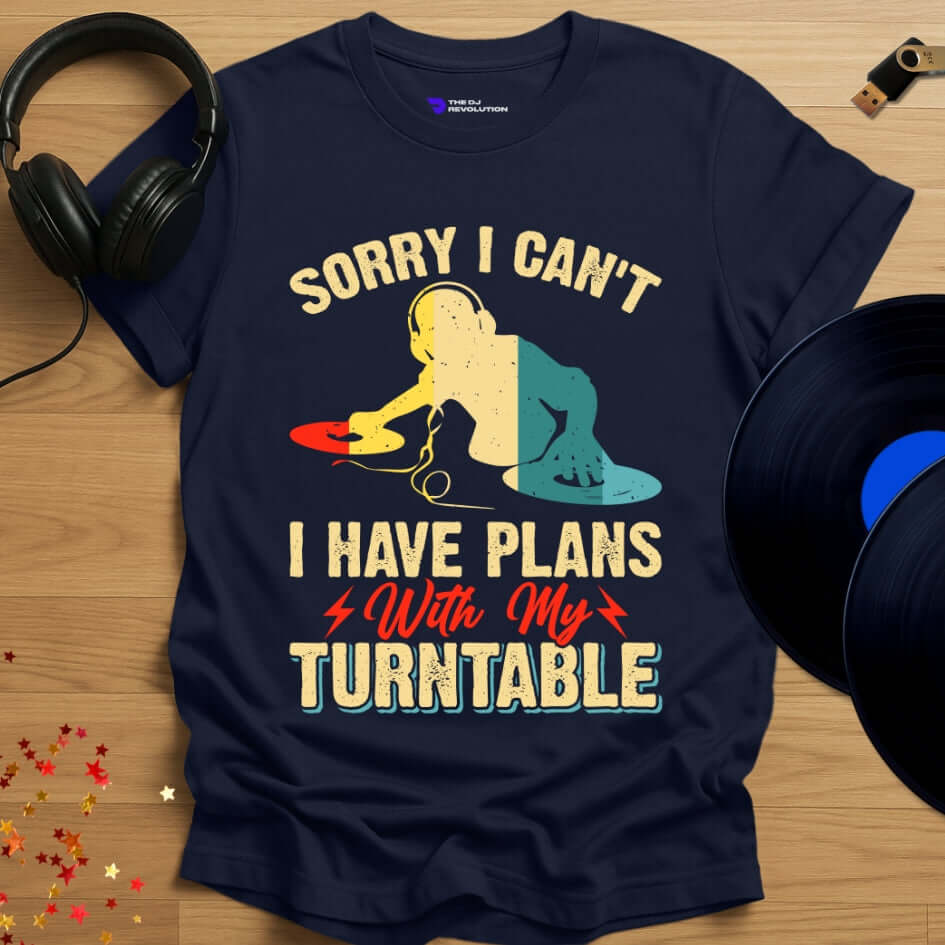 Vinyl enthusiast DJ T-shirt, 'Turntable Plans' design in navy, front view