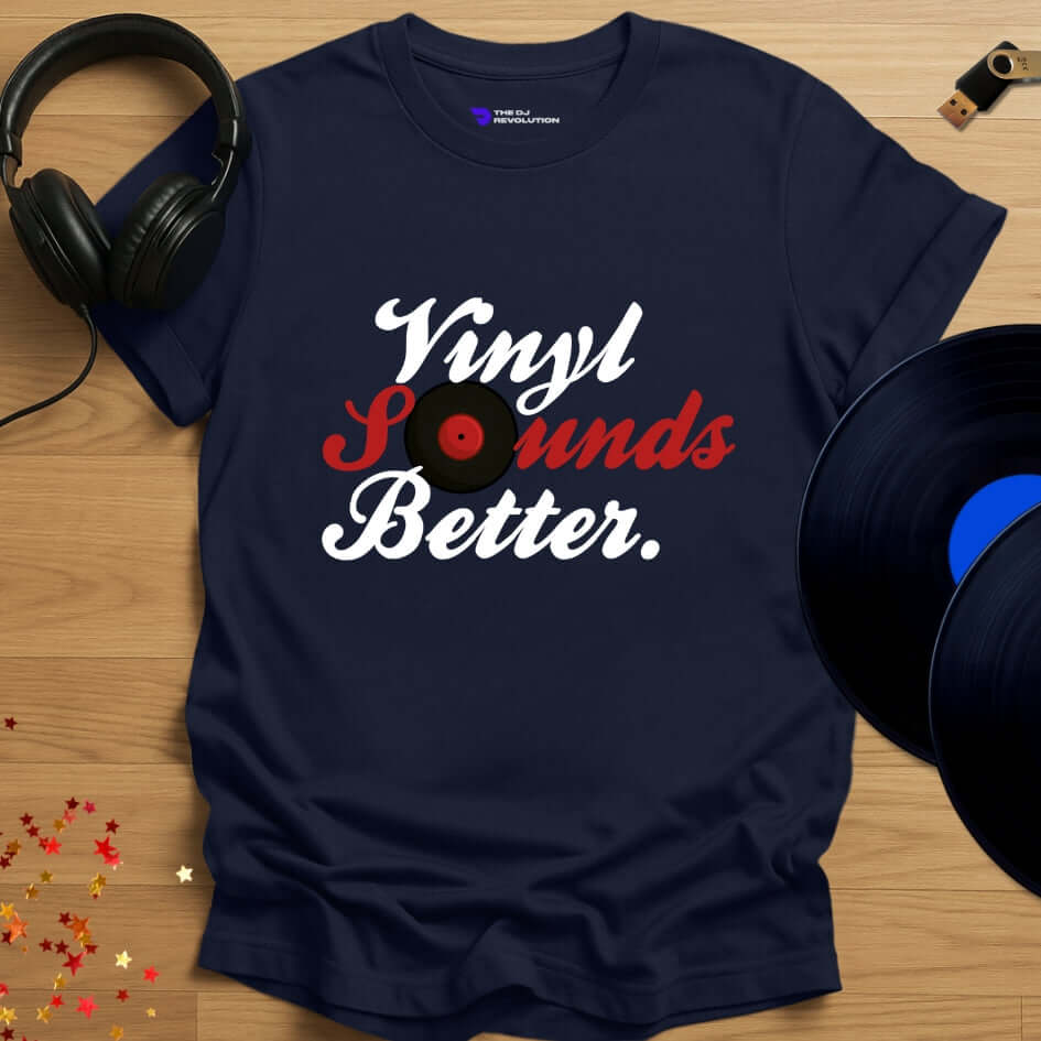 Vinyl DJ T-shirt, 'Vinyl Sounds Better' design in navy, front view