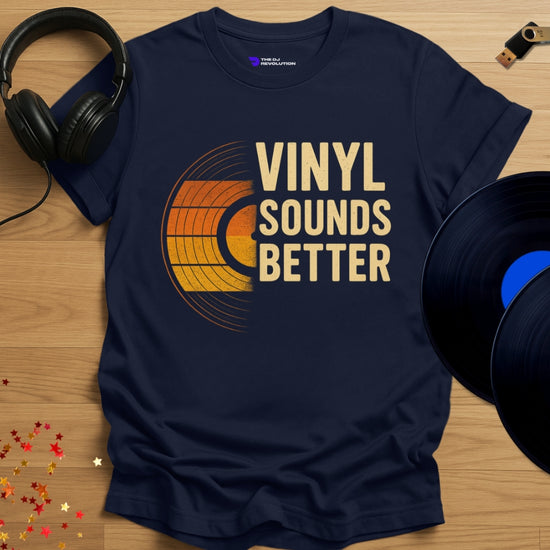 'Vinyl Sounds Better', vinyl DJ T-shirt in navy, front view