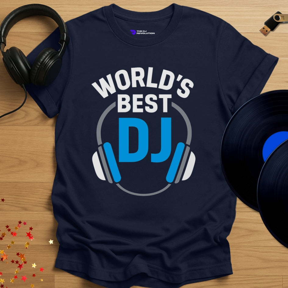 'World’s Best DJ', funny DJ T-shirt in navy, front view