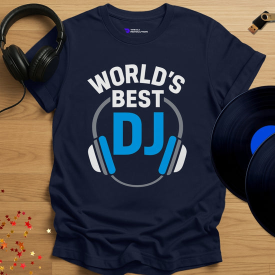 'World’s Best DJ', funny DJ T-shirt in navy, front view