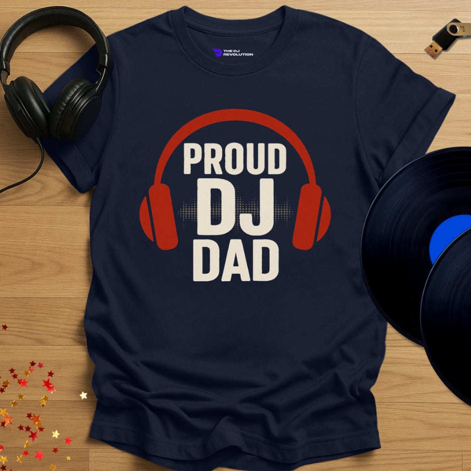'Proud DJ Dad', Father’s Day DJ T-shirt in navy, front view