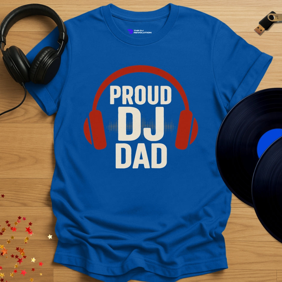 'Proud DJ Dad', Father’s Day DJ T-shirt in royal blue, front view