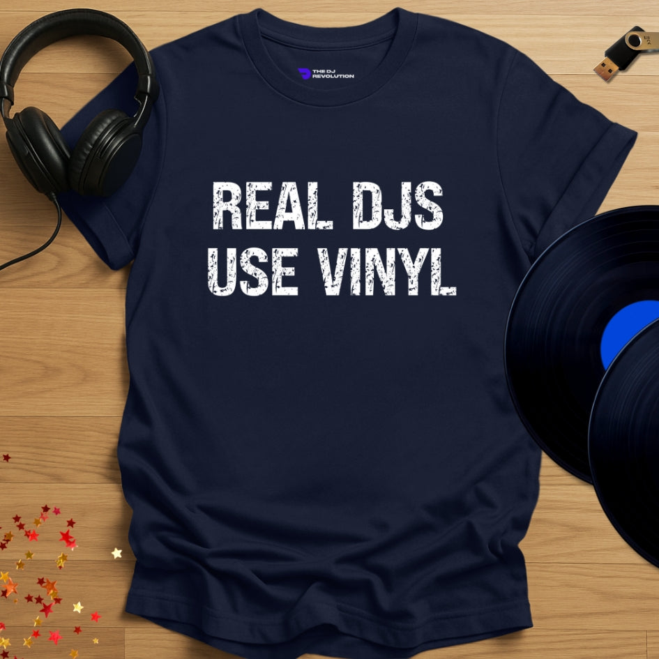'Real DJs Use Vinyl' - Vinyl DJ T-shirt in navy, front view
