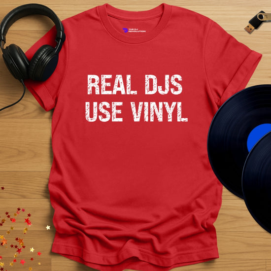 'Real DJs Use Vinyl' - Vinyl DJ T-shirt in red, front view