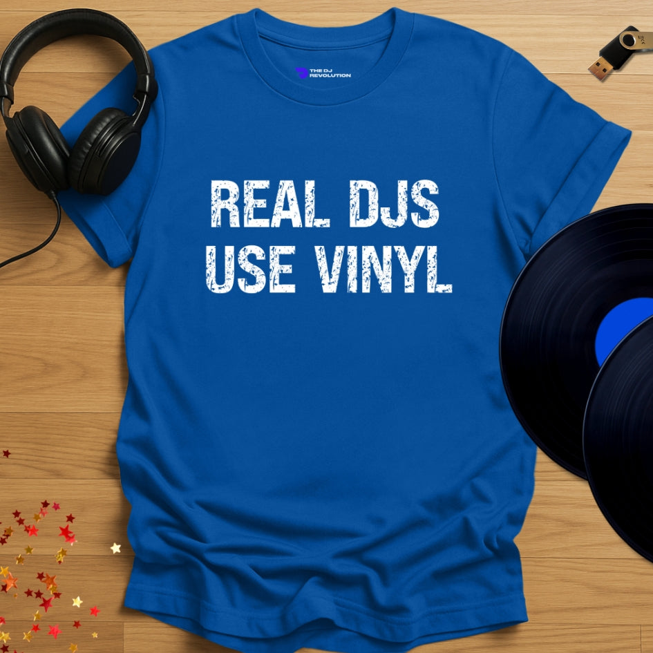 'Real DJs Use Vinyl' - Vinyl DJ T-shirt in royal blue, front view