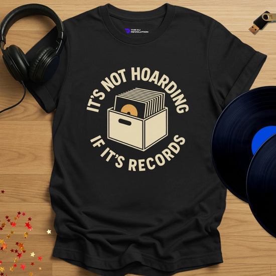 'Record Hoarder' – record collector DJ T-shirt in black, front view