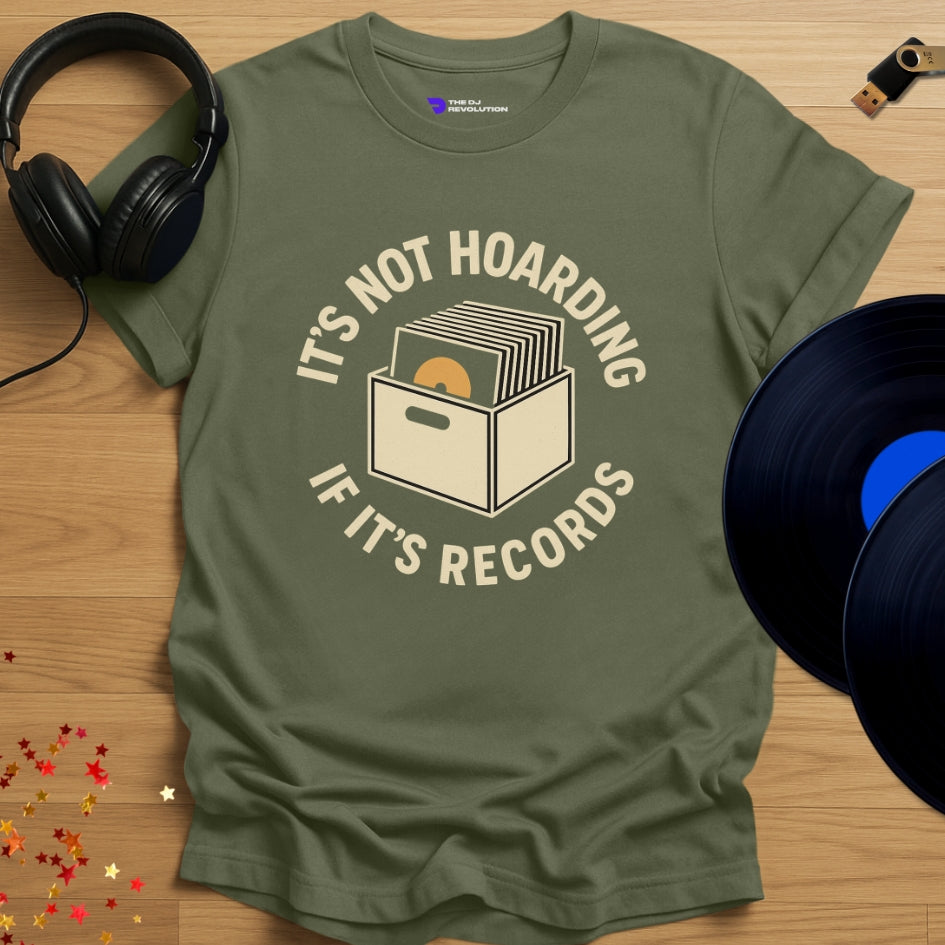 'Record Hoarder' - record collector DJ T-shirt in military green, front view