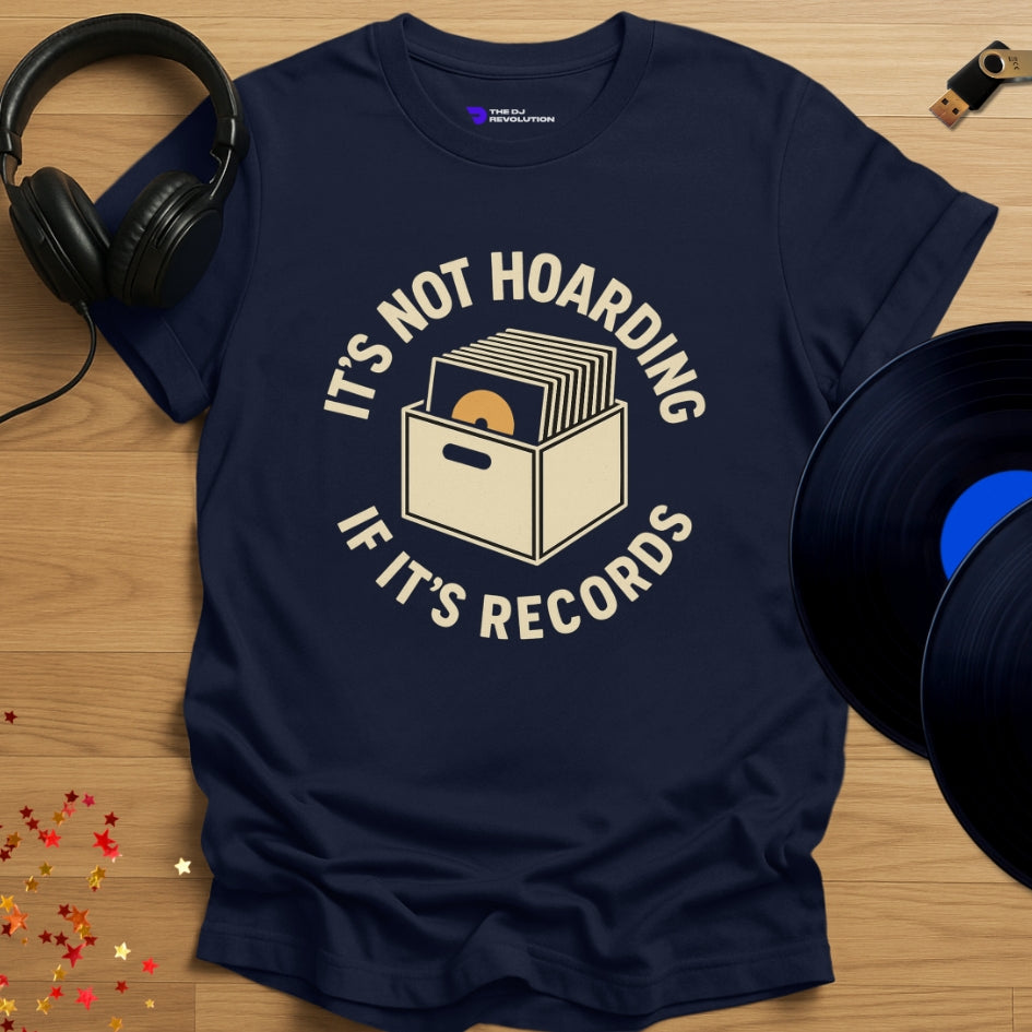 'Record Hoarder' - record collector DJ T-shirt in navy, front view