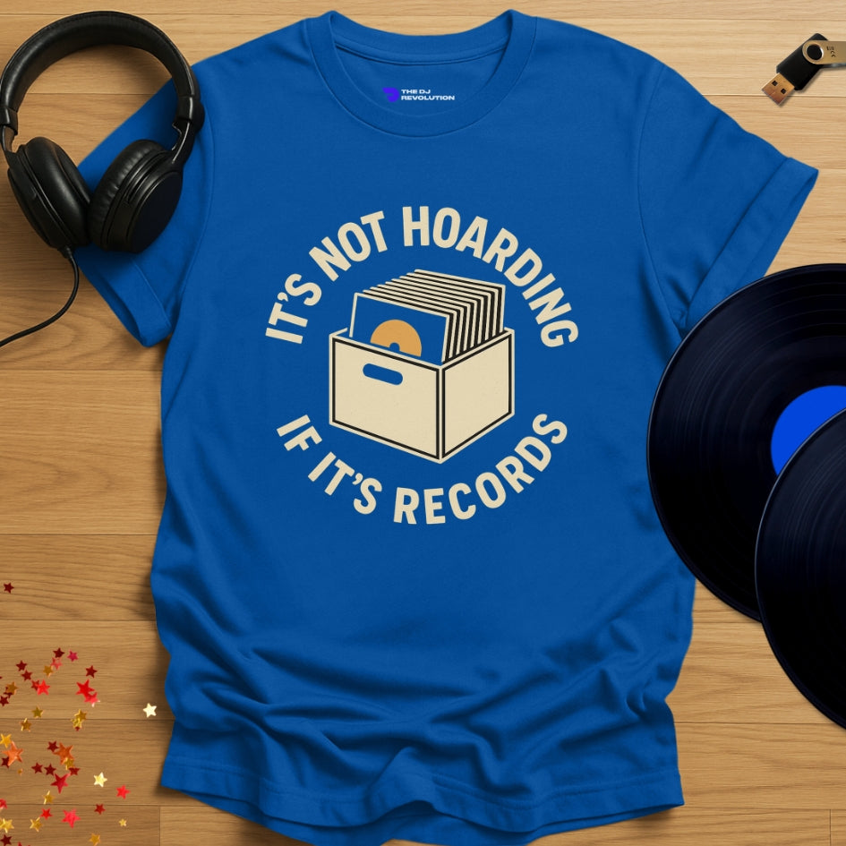 'Record Hoarder' - record collector DJ T-shirt in royal blue, front view