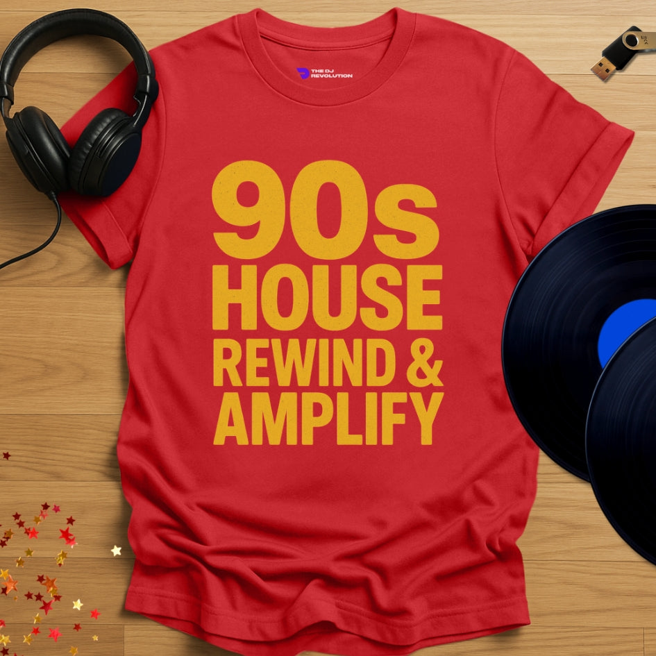 90s House Rewind house music T-shirt in red, front view