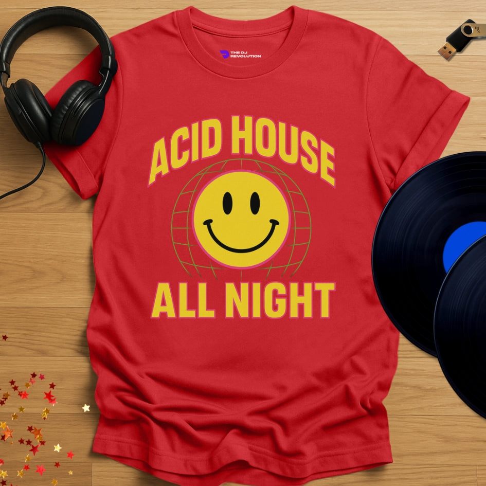 Acid House All Night house music T-shirt in red, front view