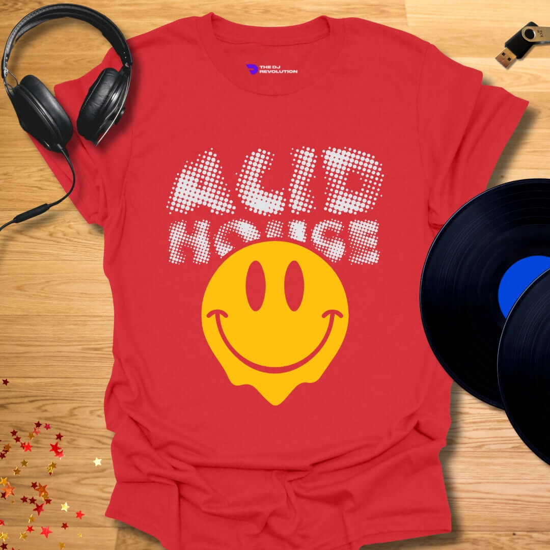 Unisex Acid House T-shirt, smiley face design in red, front view