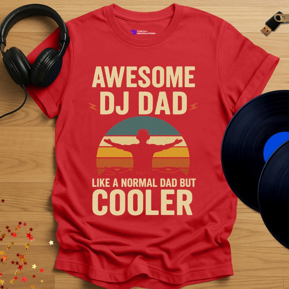 'Awesome DJ Dad' T-shirt in red, front view