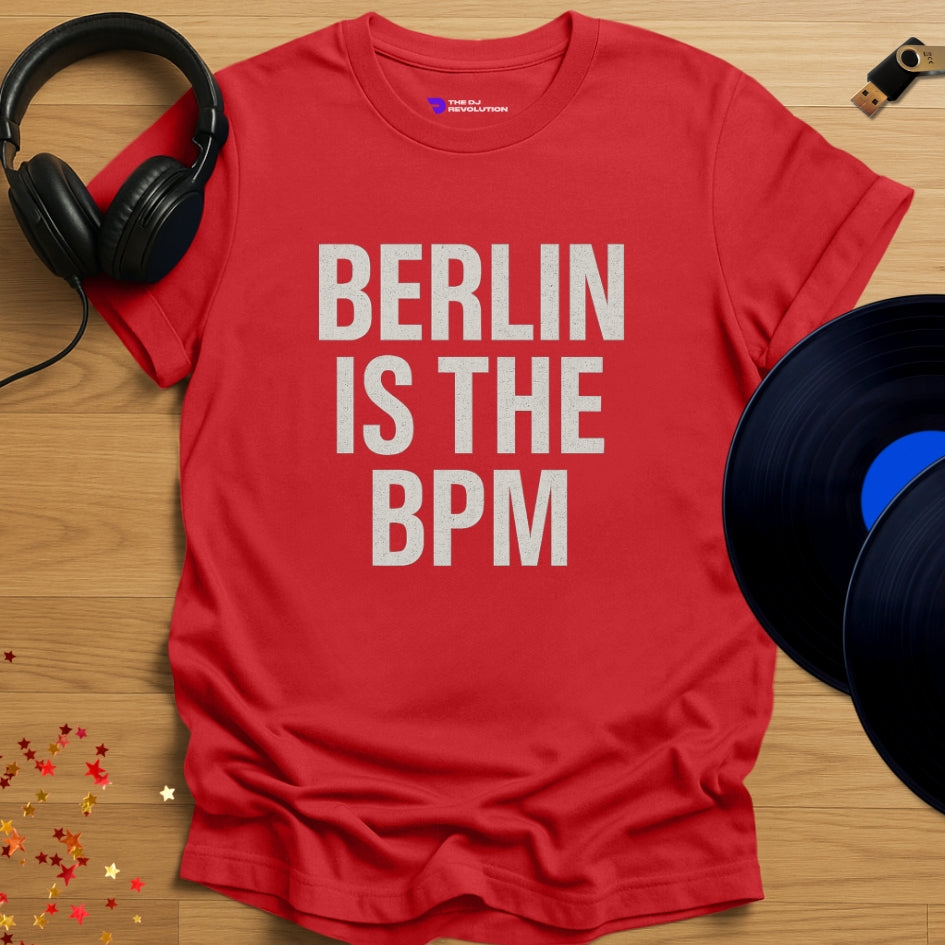Berlin Is The BPM Techno T-shirt in red, front view